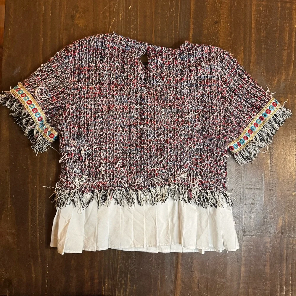 Zara Tweed Top with Pleated Detail Fringe Size XSmall